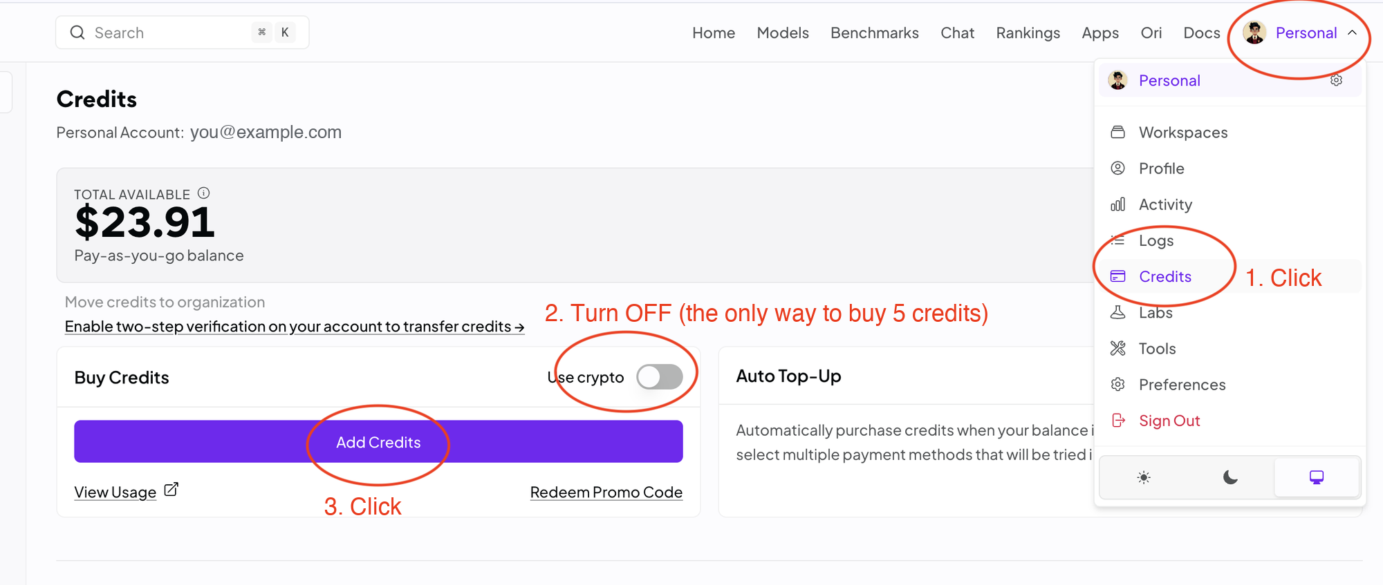 계정 메뉴, Credits 항목, 꺼진 Use crypto 스위치, Add Credits 버튼에 1~3 번호가 붙은 OpenRouter Credits 페이지.
