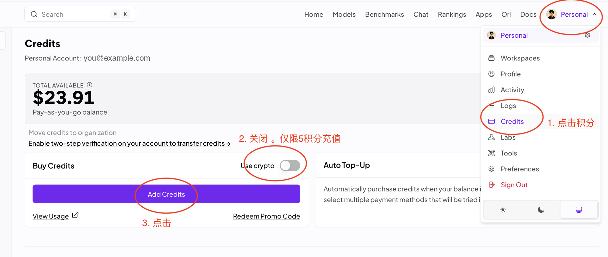 OpenRouter Credits 页面：账户菜单、Credits 选项、已关闭的 Use crypto 开关和 Add Credits 按钮，按 1 到 3 编号。