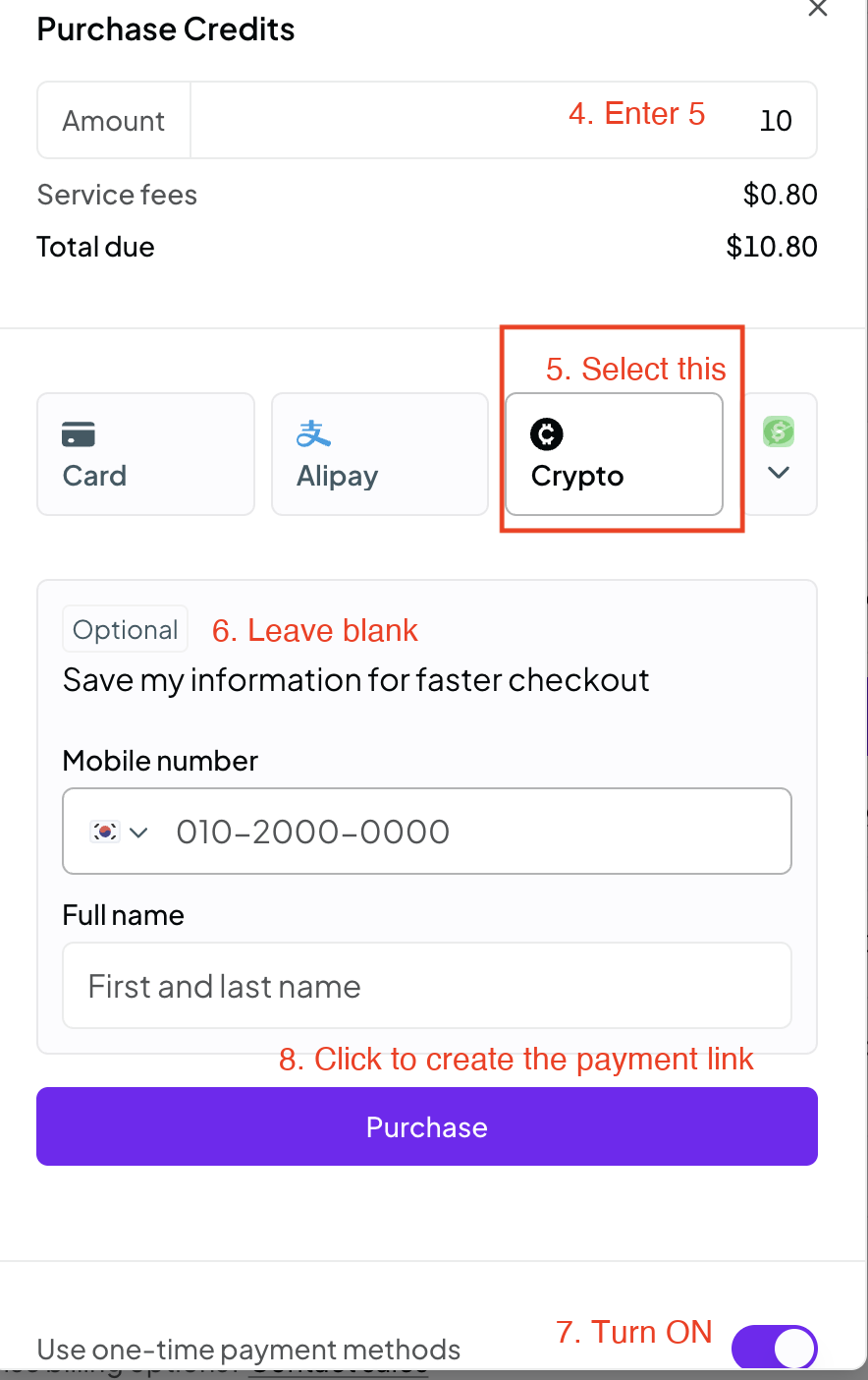 금액 입력란, Crypto 결제 수단, 선택 사항인 Stripe Link 영역, 일회성 결제 스위치, Purchase 버튼에 4~8 번호가 붙은 OpenRouter Purchase Credits 양식.