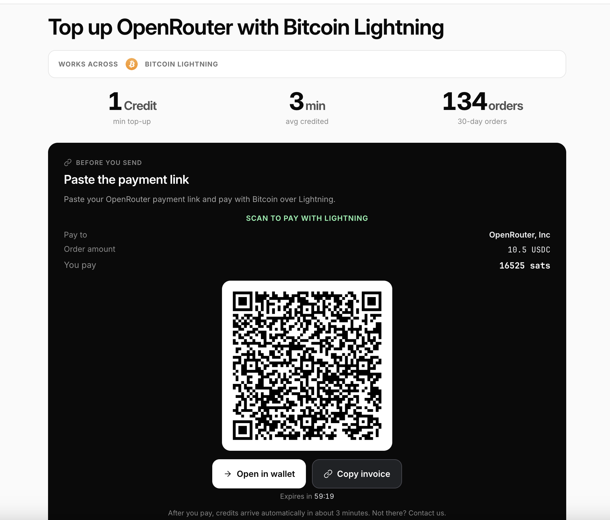 ROZO Checkout Lightning page: Scan to pay with Lightning, order amount 1.05 USDC, You pay in sats, a QR code, and Open in wallet and Copy invoice buttons