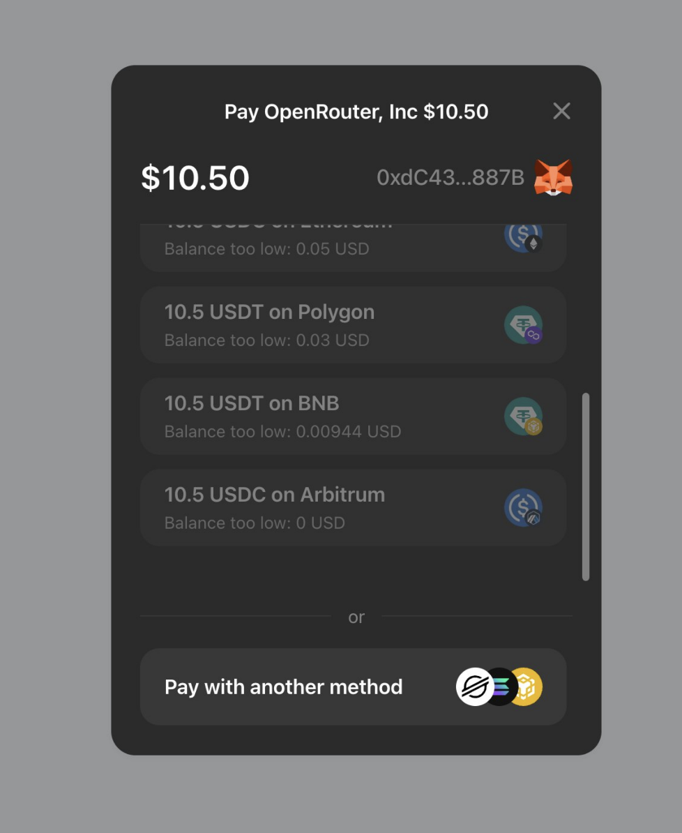 ROZO Checkout paying an OpenRouter order with USDT on BNB Chain from a connected EVM wallet