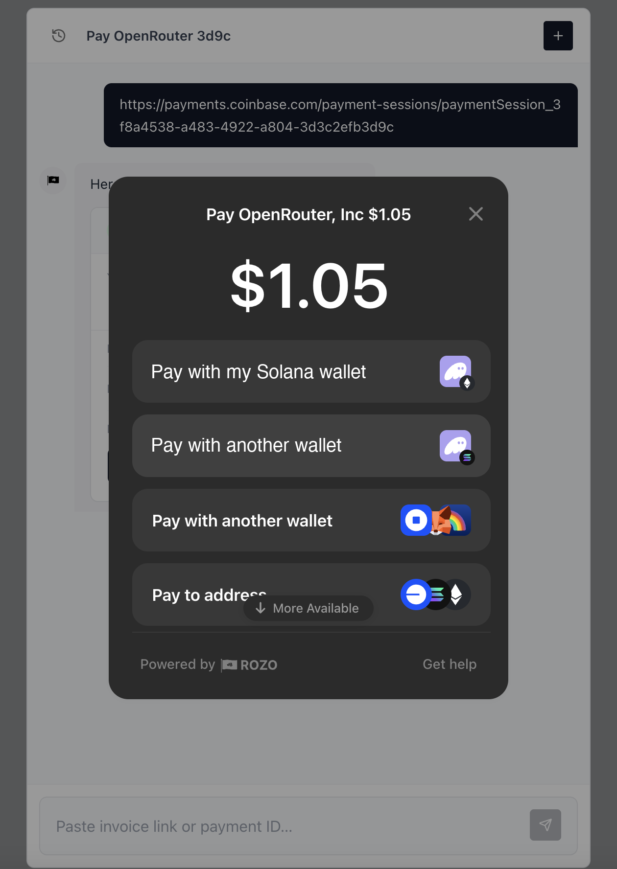 ROZO Checkout Pay OpenRouter window with a connected Solana wallet showing USDC on Solana and USDT on Solana options and a Pay with another method row