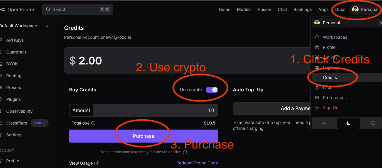 OpenRouter Credits page: Click Credits → turn on Use crypto → Purchase
