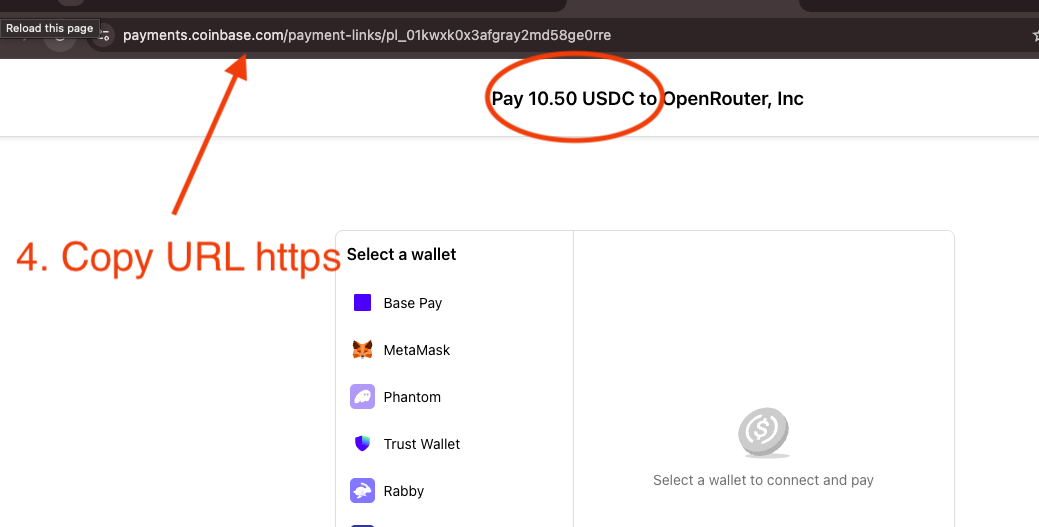Copy the Coinbase payment link URL, then confirm the amount to pay